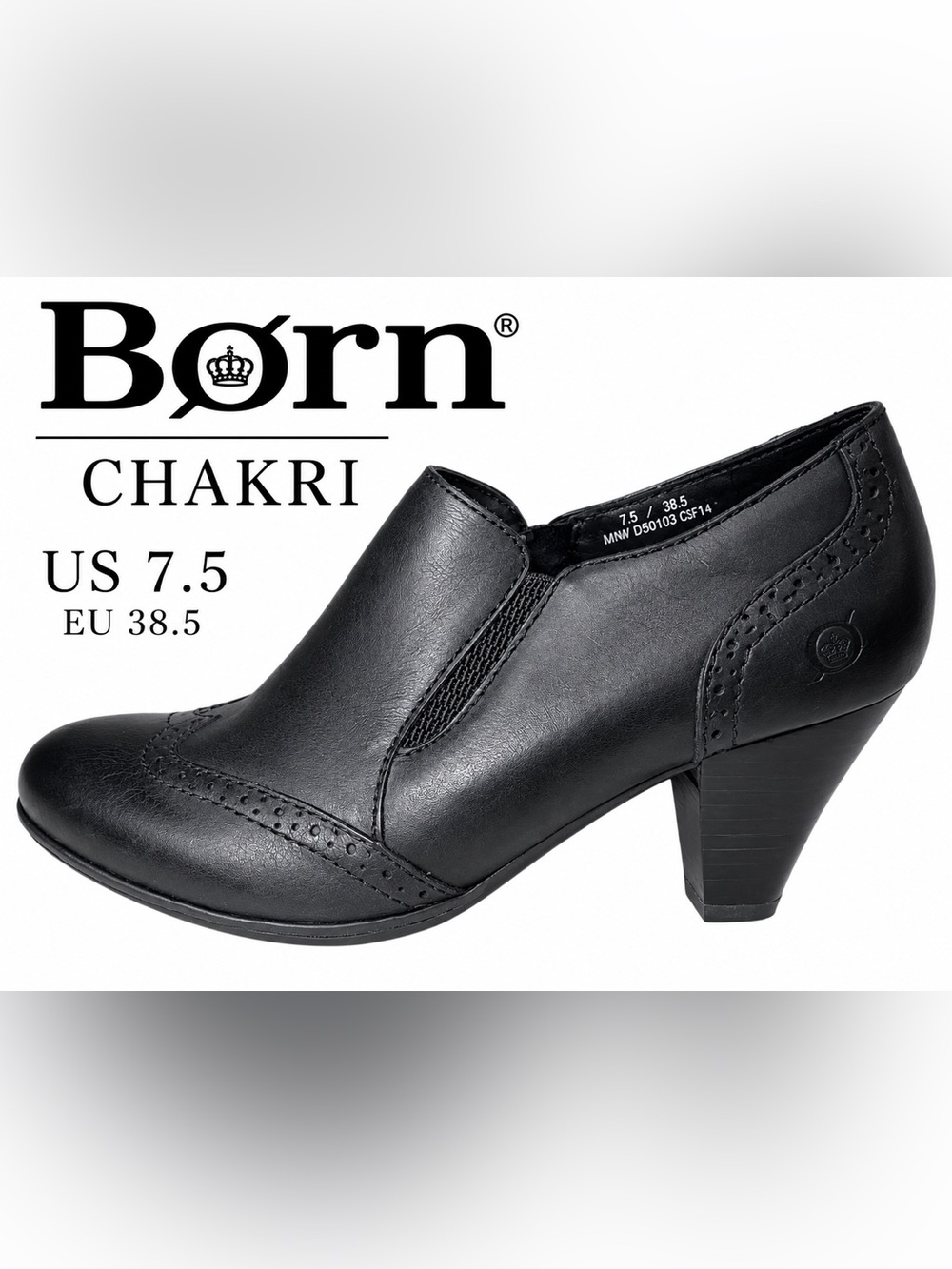 Born Chakri Black Leather Wingtip Shootie Pumps 7.5 Brogue Side Zip Heels Oxford